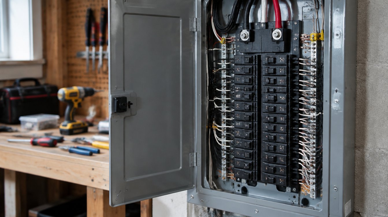 Illustrative residential electrical panel imagery (AI-generated filler, not an A-1 job photo)